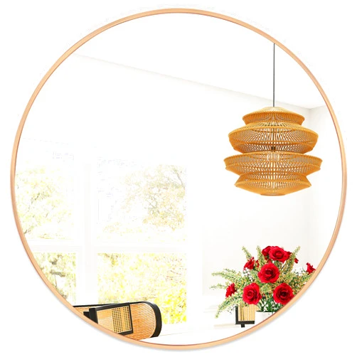 Golden State Art, 24 Gold Round Mirror, Aluminum Brass Framed Circle Wall Mounted Mirror, Circular Vanity Mirror, Hanging Mirror for Bathroom, Entryway, Living Room, Bedroom Decor