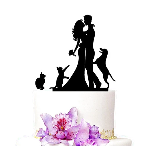 YAMI COCU Wedding Cake Toppers Bride and Groom With 2 Cats And Dog Animal Black Color Acrylic Silhouette Wedding Party Engagement Decoration