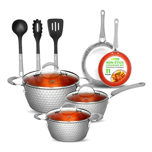 NutriChef Nonstick Cookware Excilon |Home Kitchen Ware Pots & Pan Set with Saucepan Frying Pans, Cooking Pots, Lids, Utensil PTFE/PFOA/PFOS Free, 11 Pcs, Gray