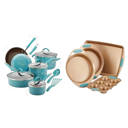 Rachael Ray Cucina Hard Porcelain Enamel Nonstick Cookware Set, 12-Piece, Agave Blue and Rachael Ray Cucina 4-Piece Bakeware Set, Latte Brown with Agave Blue Handle Grips Bundle