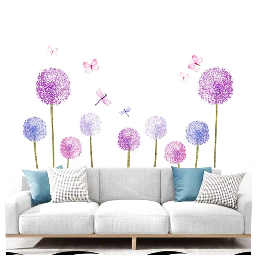 Ufengke Purple Dandelions Wall Stickers Flowers Butterflies for Bedroom Kids Girls Nursery Living Room Wall Decoration