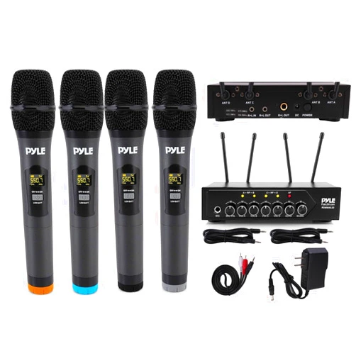 Pyle UHF Wireless Microphone System - PA Public Address Mic System with 4 Handheld Wireless Mics 50 Selectable UHF Channels, Bluetooth Music Streaming for Karaoke-Style Vocals, Battery-Operated