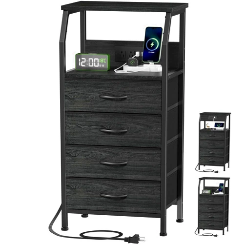 Furnulem Tall Night Stand with Charging Station, 4 Drawer Dresser with Storage Shelf, 33 Inch Side Table, Fabric End Table for Closet, Entryway, Dorm, Bedside Furniture, 3 Ways to Use, Black Oak