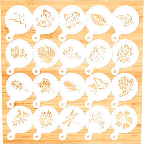 Konsait 20 Pack Cake Stencil Templates Decoration, Reusable Cake Cookies Baking Painting Journal Mold Tools, Dessert, Coffee Decorating Leaves Butterfly Flowers Bird Dragonfly for DIY Craft Decor
