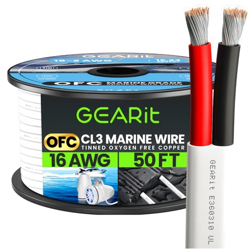 GEARit 16/2 Marine Wire (50 Feet) 16AWG Gauge - Tinned OFC Copper/Marine Grade Speaker Cable/Duplex / 2 Conductors - OFC Oxygen-Free Copper, White 50ft