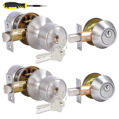 Lanwandeng 2 Sets Keyed Alike Entry Door Knobs and Single Cylinder Deadbolt Lock Combo Set Security for Entrance and Front Door, All Keyed Same Door Lock with Classic Satin Nickel Finish