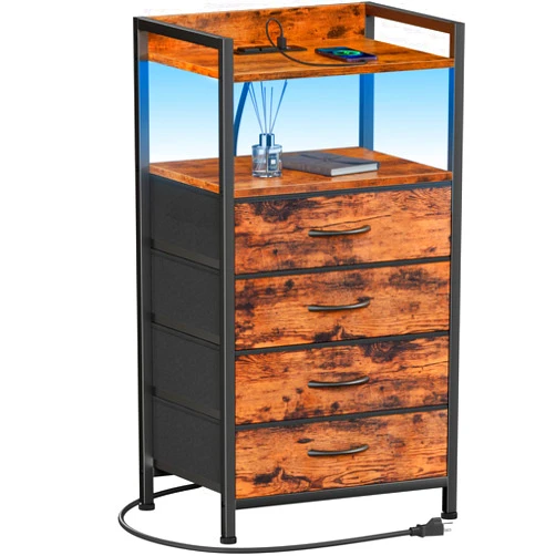Furnulem Night Stand with Charging Station and Led Light, 4 Drawer Dresser for Bedroom, Small Nightstand Bedside Table, Fabric Bins, Metal Frame, Wood Shelf, Side Furniture(Rustic Brown)