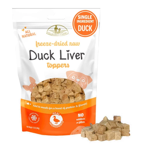Fieldcrest Farms Freeze-Dried Duck Liver Dog Food Topper or Treat, 100% Single Ingredient Duck Liver, High-Protein, Raw & Grain-Free, 12 oz