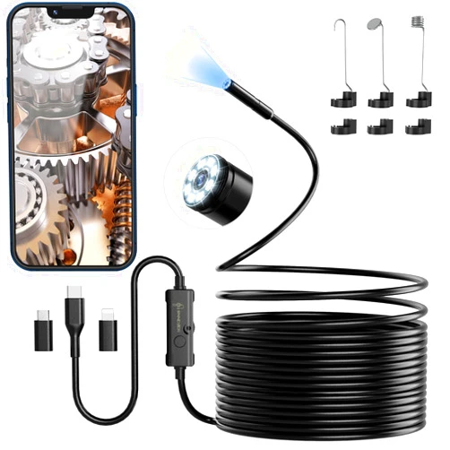 ENNOVOR Endoscope Camera with Light, 1920P HD Borescope Camera with 8 Adjustable LED Lights, 16.4ft Semi-Rigid Snake Camera with Light, IP67 Waterproof 7.9mm Inspection Camera for iOS and Android
