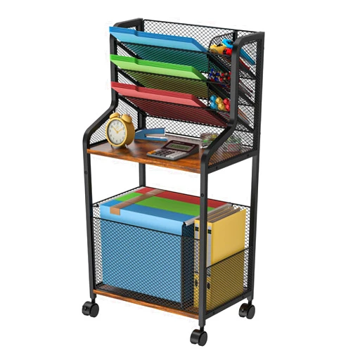 Hongtamoya 5 Tier Rolling File Cart, Standing File Organizer with Hanging File Folders, Letter Tray Paper Organizer with Pen Holder, Desk Organization on Wheels for Office, Home, School, Black,brown