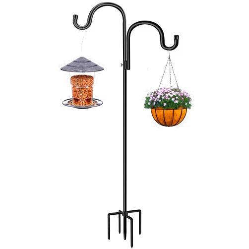 HoLarXuQ Double Shepherds Hook for Outdoor,78 Inch Bird Feeder Pole with 5 Prongs Base,Adjustable Heavy Duty Garden Hanging Holder for Hanging Plant,Solar Light,Weddings Decor,Hummingbird Feeder（1 Pack）