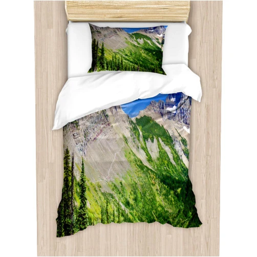 Ambesonne Landscape Duvet Cover Set, View of High Mountains with Forests Hiking Snowy Slope Pine Trees, Decorative 2 Piece Bedding Set with 1 Pillow Sham, Twin Size, Olive Green Multicolor