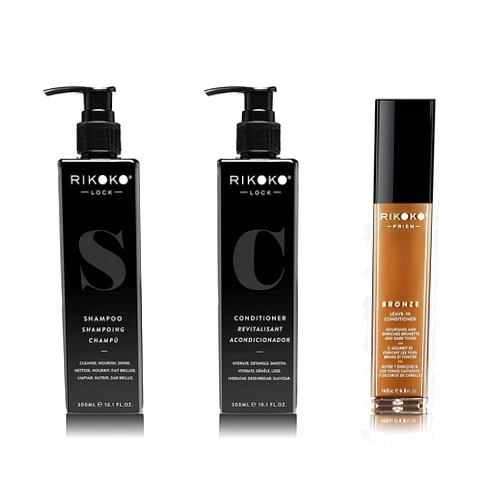 Rikoko LOCK Coconut Shampoo Bundle with Coconut Conditioner and PRISM Bronze Pigmented Leave in Conditioner