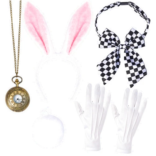 Spooktacular Creations White Bunny Accessory Set with Headband Bow Tie, Tail, Gloves, Pocket Watch for Women, Halloween Costume, Role Play