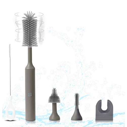 WHNL Electric Baby Bottle Brush Set with Rechargeable Electric Bottle Brush Cleaner and Replaceable Silicone Bottle Brushes and Straw Brush Cleaner, Waterproof Multi-Purpose Cleaning Brush（Grey）