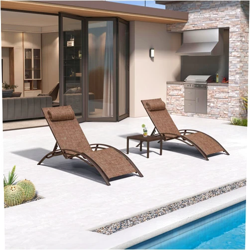 PURPLE LEAF Outdoor Chaise Lounge Chair Set of 3 Patio Pool Lounger Bronze Aluminum Chairs with Side Table Adjustable Tanning Recliner for Outside Backyard Yard Deck Balcony Beach Brown