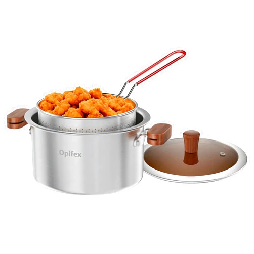 Opifex Stainless Steel Deep Fryer Pot with Basket,3.1L Stockpot for Home Use Frying, Pasta, Soup & Stews, 304 Stainless Steel, Glass Lid, Strainer Basket for All Stovetops