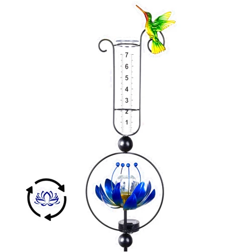 GIBMIDSER 42'' Solar Rain Gauge Metal Lotus Flower Wind Spinner Design Outdoor Large Digital Plastic Tube with LED Crystal Ball Light Waterproof Hummingbird Decorative Garden Stake
