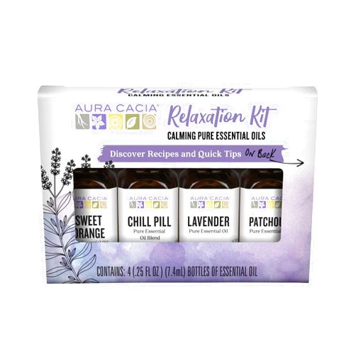 Aura Cacia Essential Oil Relaxation Kit, 4-Pack, Lavender, Patchouli, Sweet Orange, Chamomile, Sweet Basil & Learning Guide