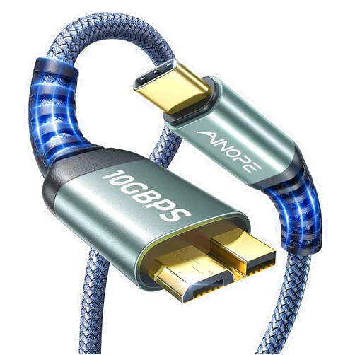 AINOPE 10Gbps Micro B to USB C External Hard Drive Cable, 1.6FT Nylon Braided USB C to Micro B External Hard Drive Cord Compatible with Seagate, WD Toshiba, MacBook Air/Pro iPhone iPad, Camera, Grey
