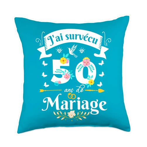 Idée Cadeau Anniversaire De Mariage Pour Couple J'Ai Survécu 50 Ans De Mariage Cadeau Anniversaire Femme Throw Pillow, 18x18, Multicolor