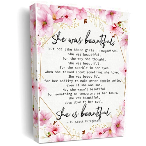 Nurawo Motivational F Scott Fitzgerald Quote Wall Art Decor She was Beautiful Canvas Print Inspirational Framed Painting for Kids Teen Home Wall & Tabletop Decor