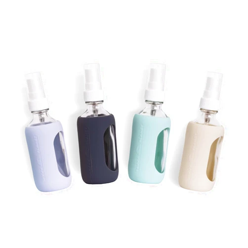 SAVVY PLANET Empty Clear Glass 2oz Small Spray Bottles with Silicone Sleeve Protection - Refillable Containers for Travel, Cleaning Solutions, Essential Oils, Sanitizers - Quality Sprayer - 4 Pack