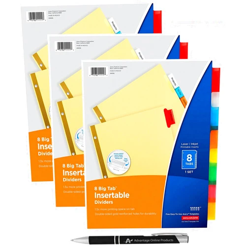 Avery Big Tab Insertable Dividers Buff Paper, 8 Multicolor Tabs, Pack of 3 Sets (11111) with Bonus AdvantageOP Custom Retractable Pen