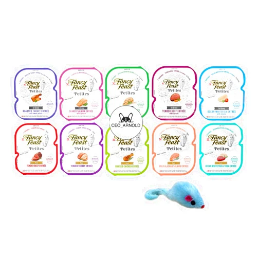 CEO_ARNOLD Fancy Feast Petites in Gravy and Pate Wet Cat Food (10 Flavors) (1 Pack of Each Flavor) / 20 Servings with cat Toy 1 Mouse.