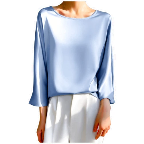 Bawilom Summer Round Neck 3/4 Sleeve Tees for Women Loose Draping Silk Smooth Satin T-Shirt Work Tops Dressy Business Blouse