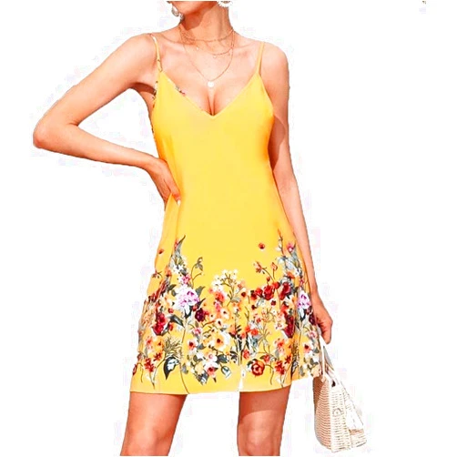 Compulsoryking Women's Strap Skirt Tropical Camouflage Printed Dress V Neck Floral Summer Dress Boho Dresses Beach Cozy Dress