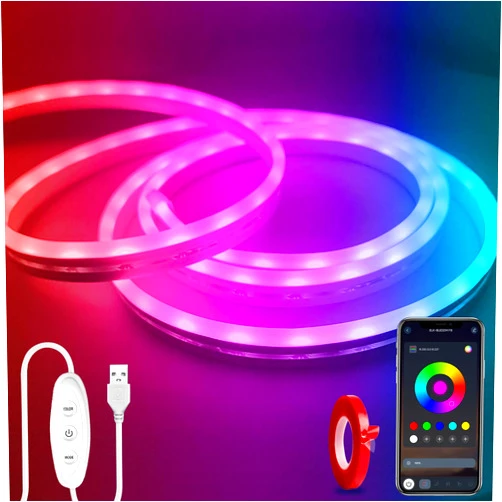 Yeewhale LED Neon Lights，6.6ft USB Powered LED Strip Lights，5V Music Sync Color Changed Rope Light with APP Control，IP65 Waterproof RGB Rope Lights for Bedroom，Cabinet,Kitchen (with Adhesive Backing)