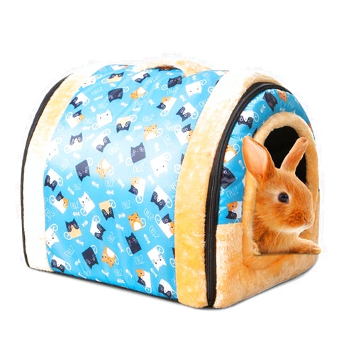 kathson Rabbit Bed Tent Large Sleeping House Warm Fleece Hideout Foldable Cave Winter Hut for Rabbits Chinchillas Guinea Pigs Ferrets Hedgehogs Rats and Kitten (Sky Blue)