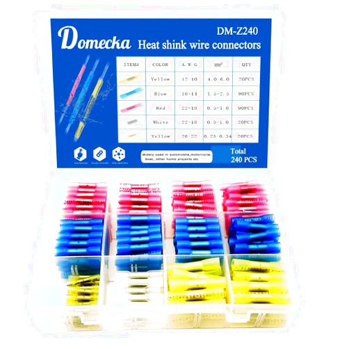 Domecka 240 PCS 5 Size Waterproof Wire Butt Connetors,Tinned Copper Electrical Crimp Connectors for Automotive Marine Boat Truck Stereo Joint