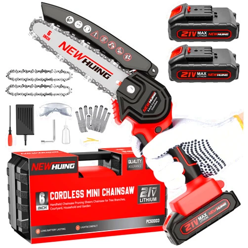 New Huing Mini Chainsaw 6-Inch Cordless - Handheld Electric 21V Battery Powered Hand Chainsaw - Small Pruning Shears Chain Saw for Tree Branches Trimming Wood Cutting (2Pcs Batteries)