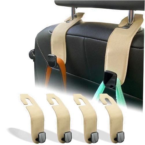 Teoenix Car Seat Headrest Hook, 4 Pack Leather Car Purses and Bags Hooks Holder Hanger for Car Groceries Organization Accessories, Tan