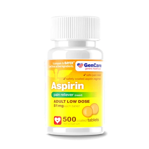 GenCare - Low Dose Aspirin 81mg for Adults Coated (NSAID) 500 Tablets | Adult Low Dose | Enteric Coated Aspirin Pills | Muscle Pain & Menstrual Pain Relief | Fever Reducer | Generic Bayer