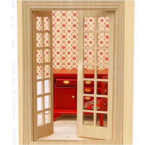 VICASKY 1:12Mini House Wooden Door External Hollow Screen Model,DIY Mini Unpainted Wood Double Door for Dolls House Rooms