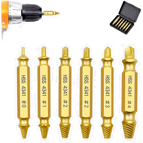 AHYBZN Gold Damaged Screw Extractor Kit and Stripped Screw Extractor Set Easily and Quickly Remove Common Sizes of Damaged, Broken or Stripped Screws – Set of 6 Pcs HSS 4341 Material (Gold)