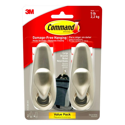 Command 5 lb Large Brushed Nickel Metal Hooks, 2 Hooks and 4 Command Strips, Damage Free Coat Hooks with Adhesive Strips, Forever Classic Hooks for Hanging Home Decor and Room Decor