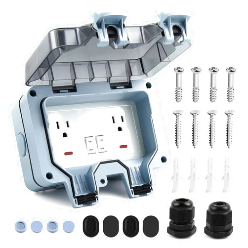 Delgada Outdoor Electrical Outlet with Switch and LED Indicator 15A 110-250V Waterproof Power Socket Box Outside Plug Receptacle with Cable Glands for Garden Parking Lot Lawn Courtyard