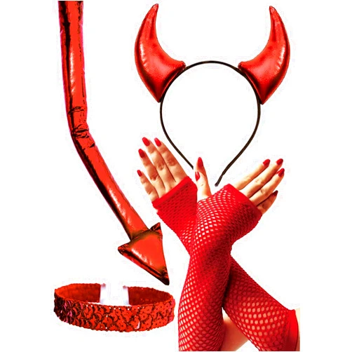 OLYPHAN Devil Costume Set Adult Women Red Devils Horns Headband, Lace Fishnet Arm Sleeves, Naughty Tail, Sequin Choker Necklace Demon Accessories for Halloween Party Cosplay Costumes