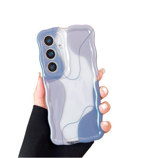 DEFBSC for Samsung Galaxy S24 Case, Cute Clear Wavy Art Design Aesthetic Pattern Phone Case for Women Girls, Wave Frame Durable Protective Cover Full Camera Protection Bumper for S24, Dusty Blue