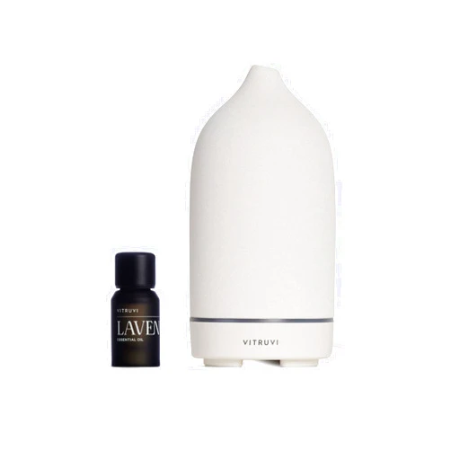 Vitruvi Stone Diffuser White and Vitruvi Organic Lavender, 100% Pure Premium Essential Oil (0.3 fl.oz)