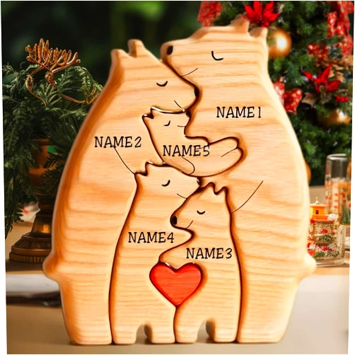 SporGy Personalized Wooden Bear Family Puzzle with Names, Custom Family Name Sculpture -Wooden Family Puzzle Gifts,with 1-8 Family Name, for Mom, Dad, House Warming Gifts Ideas，Wooden Decor