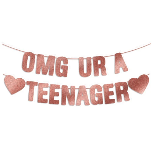 JunyRuny Pre-Strung OMG UR A Teenager Rosegold Glitter Banner, 13th Birthday Party Decorations, Mean Party Decorations, 13th Birthday Decorations for Girls
