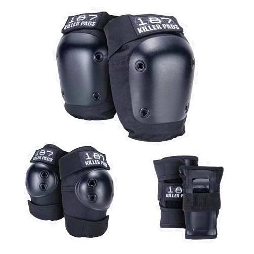 187 KILLER PADS Skateboarding Knee Pads, Elbow Pads, and Wrist Guards, Six Pack Pad Set, Black, XL Thick