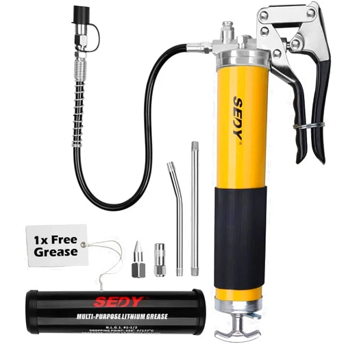 SEDY Heavy Duty Grease Gun Kit - 14oz Free Grease Tube 8000 PSI Pistol High Pressure Flexible Hose Bearing Grease Pump Marine Durable Connectors Adapters Extension Tubes Nozzle Easy Operation