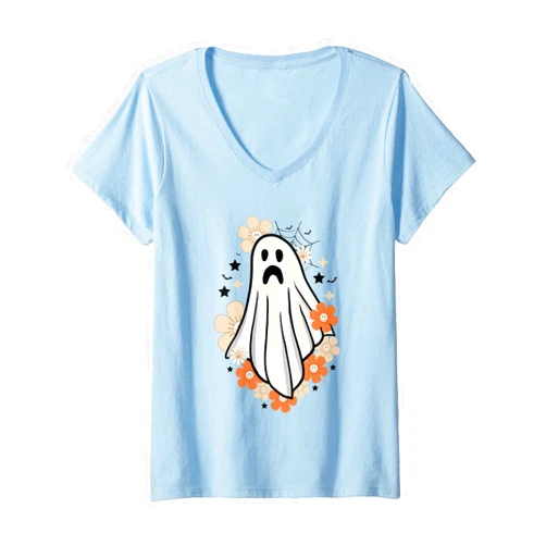 Spooky Season 60s 70s Vintage Halloween Gifts Womens Vintage Cute Floral Ghost Halloween Pumpkin Costume Funny V-Neck T-Shirt