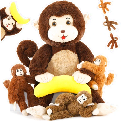 MaoGoLan Big Monkey Stuffed Animal Set with Banana,Mom and Baby Stuffed Monkeys,A Pregnant Monkey Plush Toy and 3 Small Monkey with Velcro,Gifts for Kids